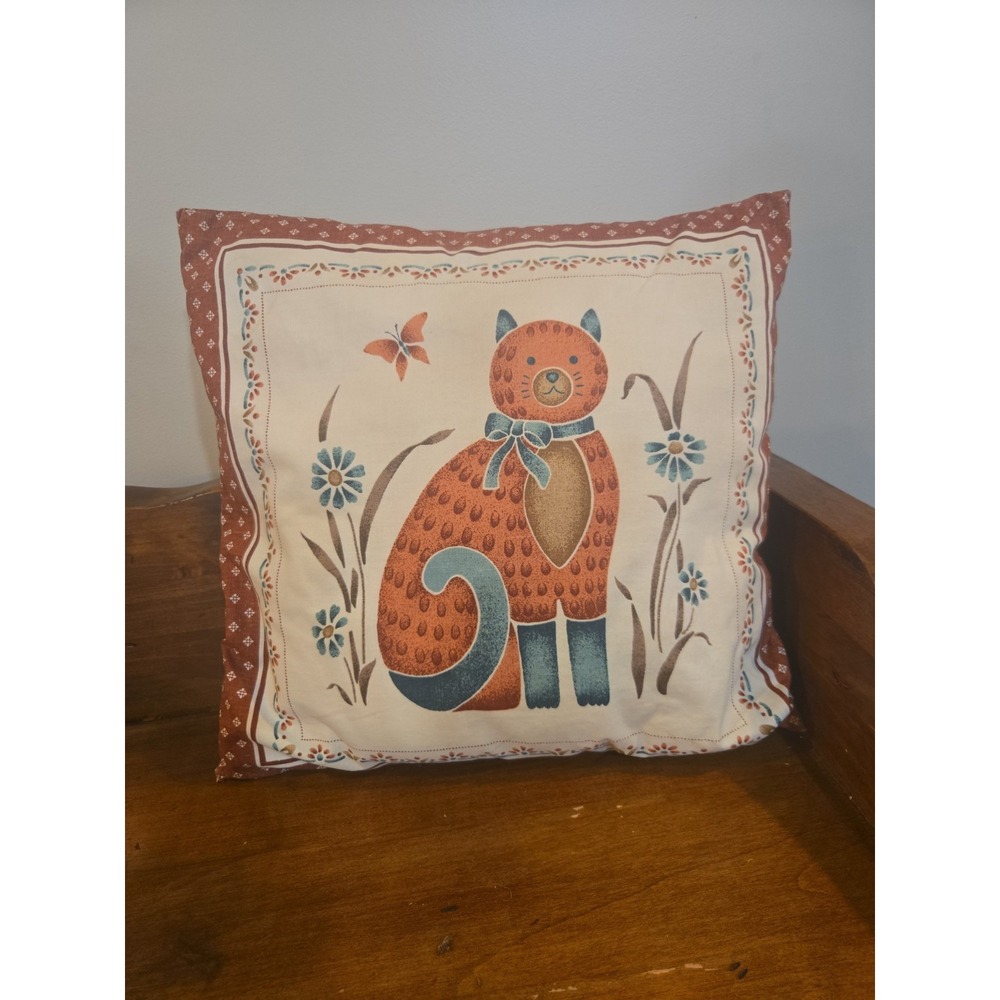 Vintage Kitschy Stencil Cat Pillow Square Ditsy 90s Colors Butterfly